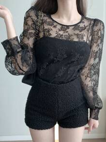 DAZY Áo cánh cổ tròn tay dài lưới rộng rãi cho nữ mùa hè - màu đen - Xem 4