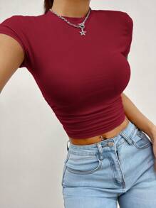 SHEIN PETITE Set de 3 piezas de camiseta de manga corta plisada para señoras de verano - Burdeos - Ver 4