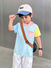 SHEIN Camiseta Joven Con Capucha Y Bolsillo Parchado A Bloques De Color
