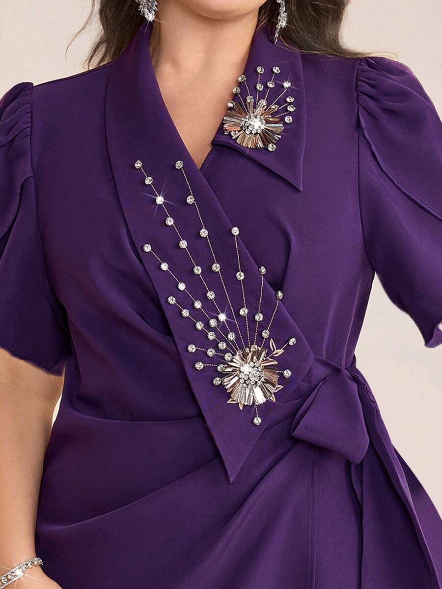 Modelyn Plus Size Women Rhinestone Decor Petal Short Sleeve Side Tie Waist Elegant Dress - Purple - View 1