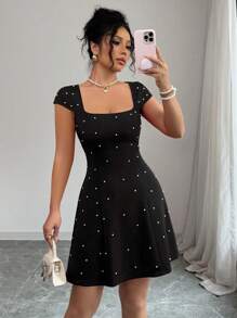 Elenzga Elegant Solid Color Mini Dress, European Style, Ruffle Shoulder Sleeve, Pearls Decor, Slim Fit Waist, A-Line Hem