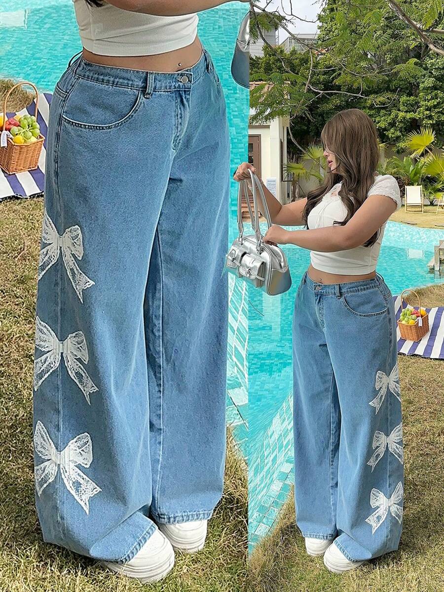 SHEIN MOD Blue Women's Plus Size Jeans Side Bow Elegant And Beautiful Straight Wide Leg Pants Movement Ballet Style Summer Jeans - Light Wash - View 1