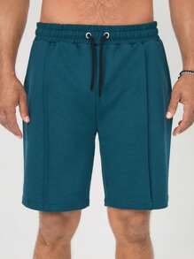 RueChic Men Drawstring Waist Seam Detail Shorts - Dark Green - View 3