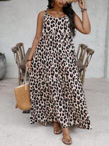 SHEIN VCAY Plus Size Women Leopard Print Ruffled Hem Casual Strap Pocket Dress Women Clothing Summer Dresses Vacation Women Maxi Dresses Long Summer Dress Women