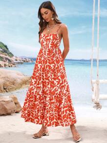 SHEIN VCAY 女士编织细肩带连衣裙，简约时尚，适合夏季 - 橘色 - 查看 4