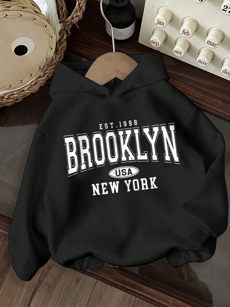 SHEIN Baby Boy Soft Knit Hooded Pullover Sweatshirt, Thicker, Suitable For Autumn - Black - View 1