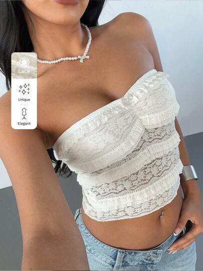 Aloruh 女式全新纯色优雅浪漫蕾丝蝴蝶结荷叶边聚拢胸部修身吊带背心上衣