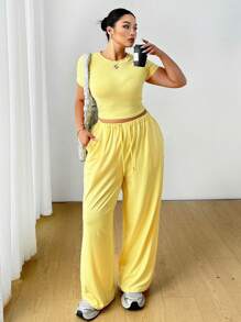 Flirla 2pcs/Set Casual Crew Neck Knitted Pullover T-Shirt And Wide-Leg Pants With Elastic Waist - Yellow - View 1