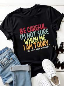 Calvaya 女式休闲口号与字母印花圆领短袖大码 T 恤，夏季 - 黑色 - 查看 3