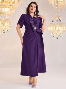 Modelyn Plus Size Women Rhinestone Decor Petal Short Sleeve Side Tie Waist Elegant Dress - Purple - View 5