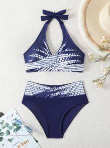 Swim Lushoire 女性夏季沙灘假期露背領簡約時尚比基尼套裝 - 藏蓝色 - 查看 6