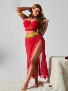 SHEIN Conjunto de 5 piezas de ropa interior sexy para mujer (incluye sujetador con aros, tanga, minifalda, 2 piezas de anillos para la muñeca), atuendo para festivales de música