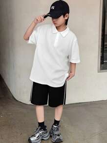 SHEIN Polo liso para niño preadolescente, de manga corta, de unicolor, uso casual diario, de tela ligera para verano - Blanco - Ver 5