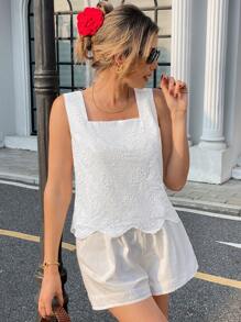 Pariaura Women's Fashionable Embroidery Fringe Square Neck Fitted Tank Top, Lightweight And Comfortable, Spring/Summer - White - View 5