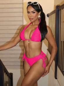 SHEIN Swim 2pcs Solid Color Slimming Women's Swimwear, Sexy Beach/Spa Holiday Swimwear For Summer Beach Vacation - Pink - View 8