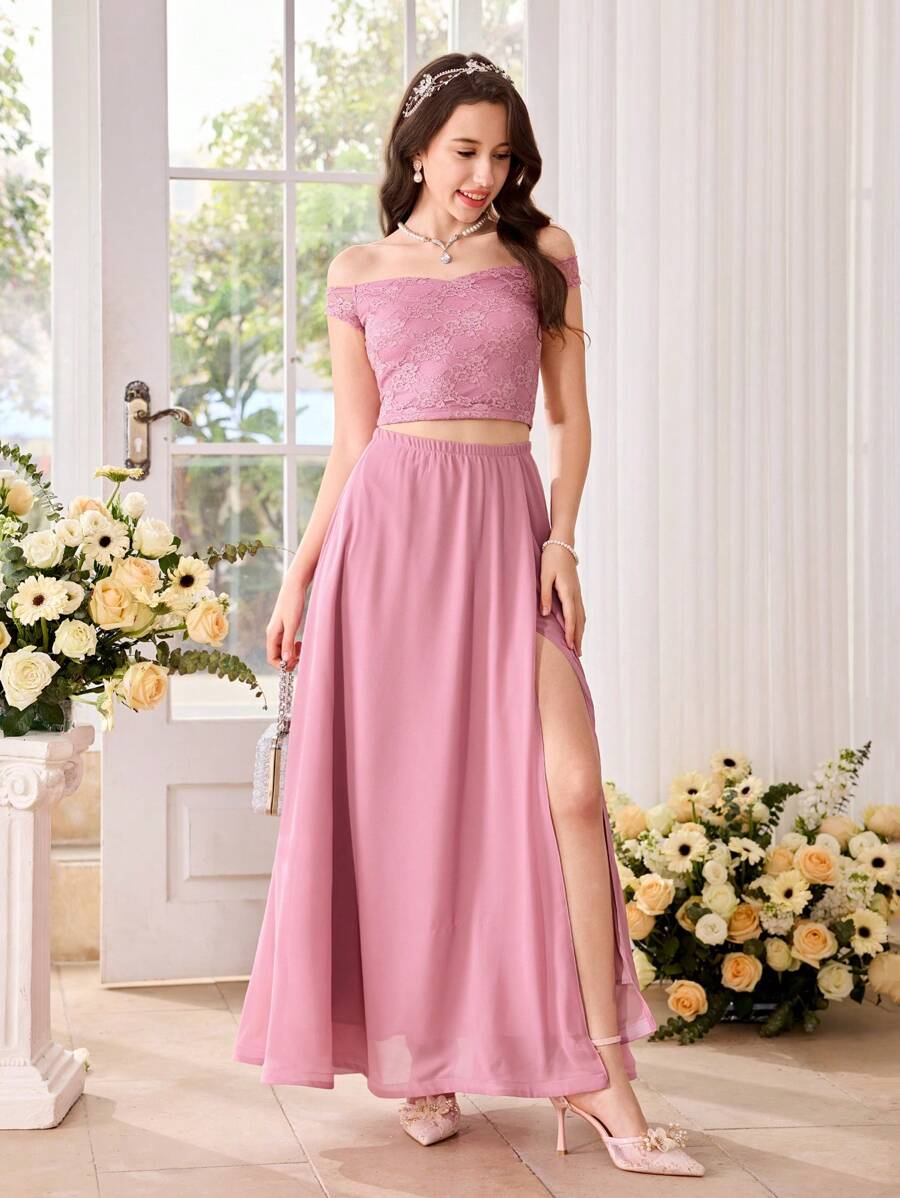 SHEIN 2pcs/Set Teenager Girl Lotus Pink Lace Sheer Shoulder Top And Chiffon Skirt, Suitable For Festival, Party, Elegant, Wedding, Back To School, Graduation