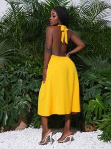 SHEIN Clasi 系带露背夏季连衣裙，简约时尚女士春季服装热带度假女士服装 - 黃色 - 查看 1
