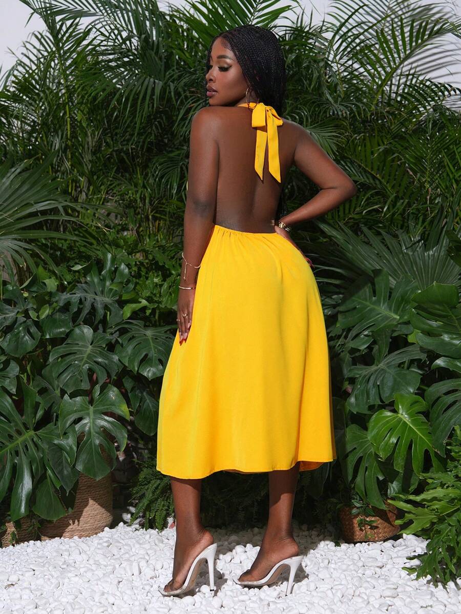 SHEIN Clasi 系带露背夏季连衣裙，简约时尚女士春季服装热带度假女士服装 - 黃色 - 查看 1