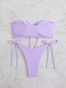 Swim Mod Women Summer Beach Solid Wireless Bandeau Front-Tie Bikini Swimwear Set - Mauve Purple - View 2