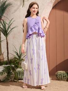 SHEIN 2pcs/Set Teens Girls Ruffled Crew Neck Short Sleeve Top And Bowknot Striped Long Pants Set - Purple - View 1