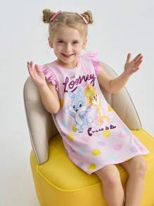 LOONEY TUNES X SHEIN Young Girl Cartoon Rabbit Polka Dot Print Knit Round Neck Contrast Color Flounce Cap Sleeve Flame Retardant A-Line Pajama Dress