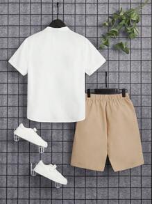 SHEIN 适合夏季的青少年男孩立领单排扣衬衫和短裤套装