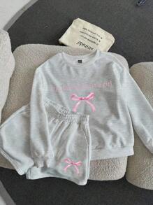 Slaydiva 2 pièces/ensemble Top ample à manches longues col rond avec motif lettres et nœud, convient pour le printemps et l'automne