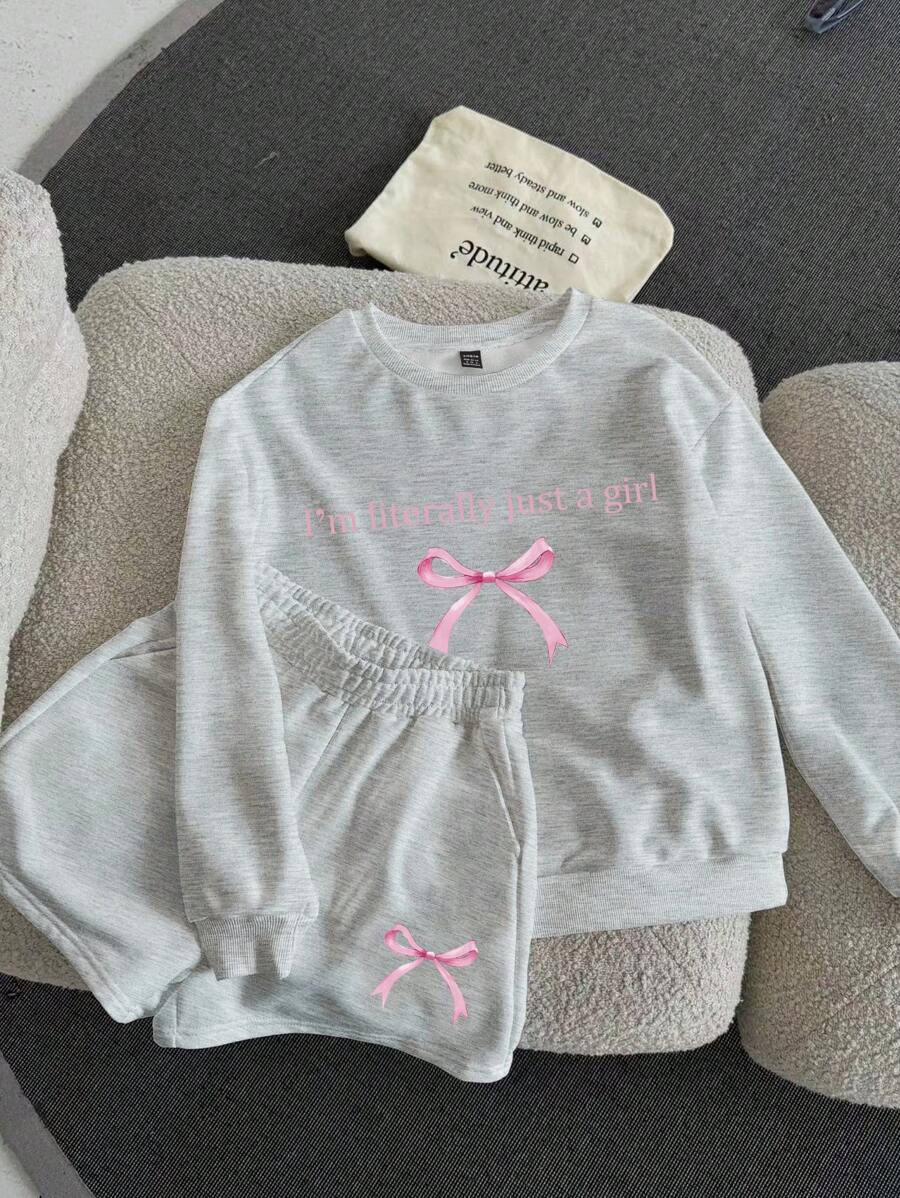 Slaydiva 2 pièces/ensemble Top ample à manches longues col rond avec motif lettres et nœud, convient pour le printemps et l'automne