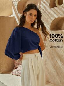SHEIN VCAY One Shoulder Lantern Sleeve Knot Side Crop Top - Navy Blue - View 6