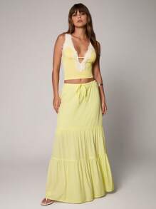 TRNVIE Casual Yellow Low-Waist Wrap Long Skirt