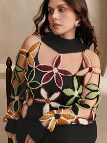 Anewsta 大码时尚性感镂空钩针针织毛衣套头衫秋冬款 - 黑色 - 查看 1