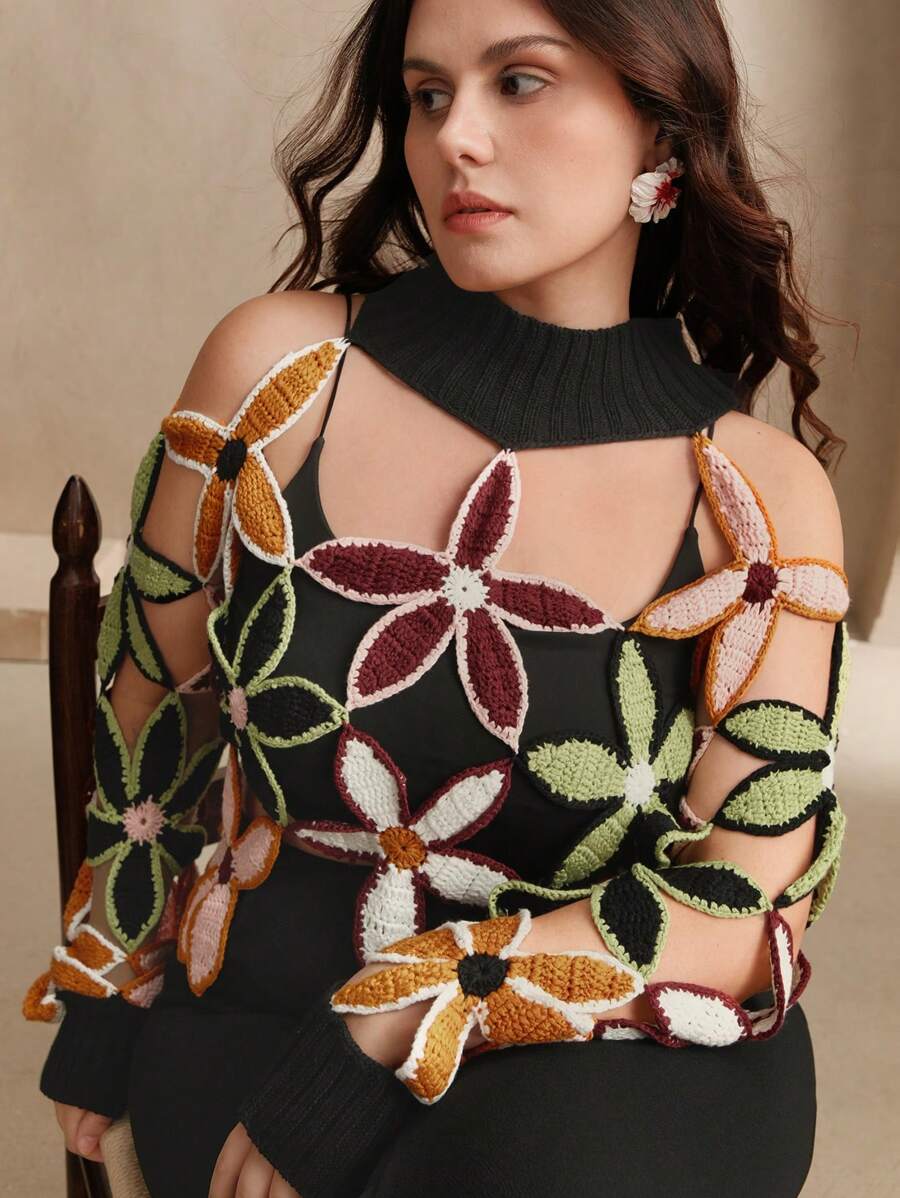 Anewsta 大码时尚性感镂空钩针针织毛衣套头衫秋冬款 - 黑色 - 查看 1