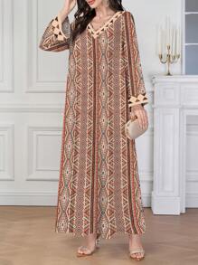 Al Najma Women Geometric Print V-Neck Long Sleeve Dress,Modest - Multicolor - View 3