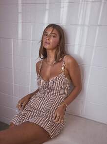 Aralina Vestido corto de verano con corpiño tipo corsé, tiras delanteras y correa con estampado de cuadros