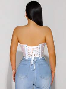 Zolique Top corpiño con espalda descubierta y cruzado con malla y lentejuelas de moda y sexy para mujer