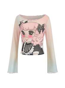 SHEIN Tricou decupat cu imprimeu cu personaje de desene animate pentru fete adolescente, ocazional, slim fit