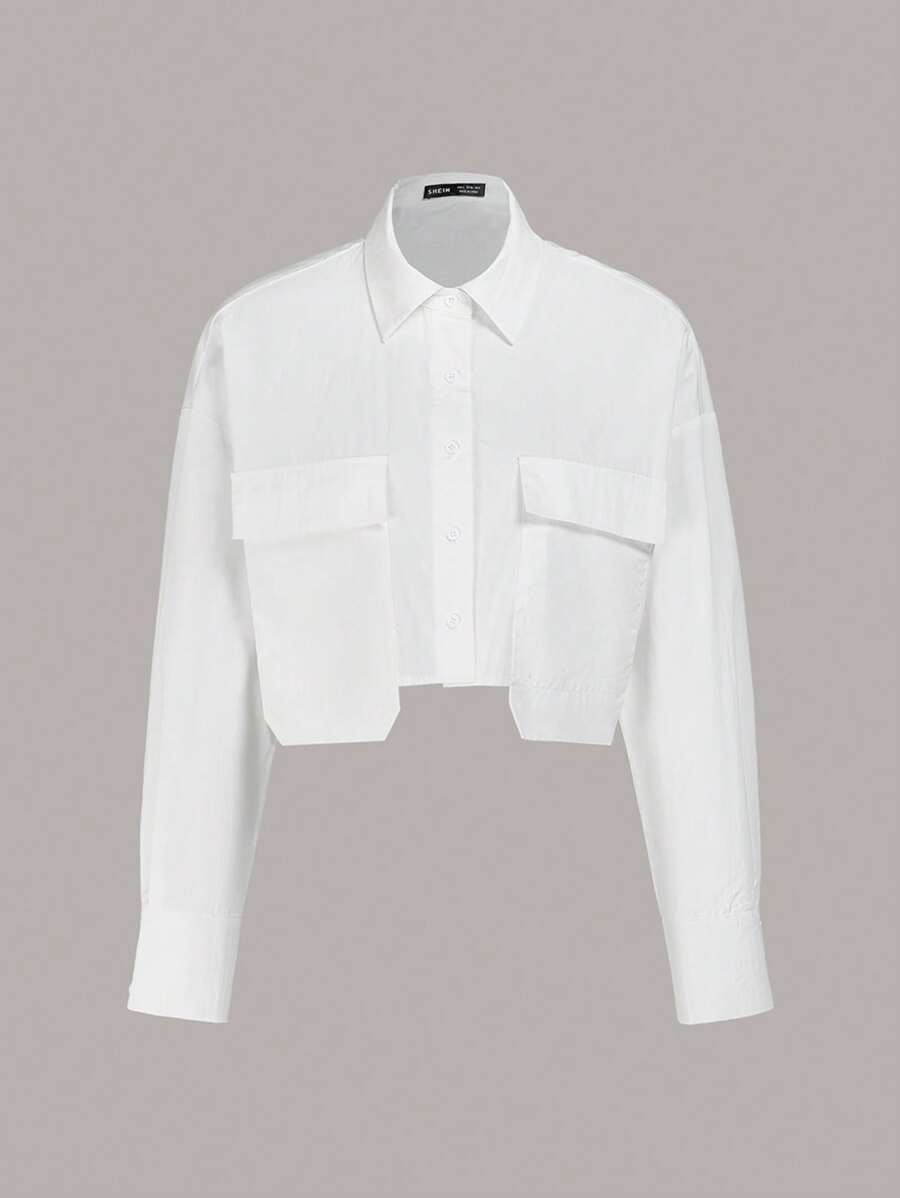 Muchica Women's Solid Color Long Sleeve Single-Breasted Cargo Pocket Casual Cropped Shirt - White - View 1
