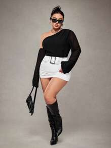 SHEIN ICON Plus Size Asymmetric Shoulder Chiffon Blouse, Sexy Office - Black - View 5