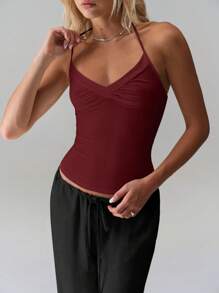 TRNVIE 女式 V 领细肩带吊带背心，配有系带，百搭白色汗衫 - 酒紅色 - 查看 7