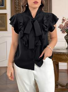 SHEIN Privé Plus Size Women Elegant Versatile Ruffled Sleeve Solid Color Open Front Shirt, Suitable For Work, Casual, Tea Party, Date, Concert, Party, Beach Photography