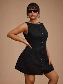 SHEIN Forever 21 大码夏季新款圆领无袖休闲黑色办公室女士修身迷你连衣裙 - 黑色 - 查看 6