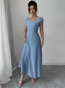 Modelyn Vestido elegante de manga raglán y cuello cuadrado con detalle cruzado en el busto, de unicolor para mujeres - Azul - Ver 5