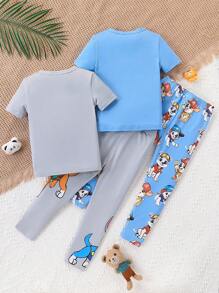SHEIN Young Boy Dog Print Short Sleeve & Long Pants Tight Fitting Pajama Set - Multicolor - View 2