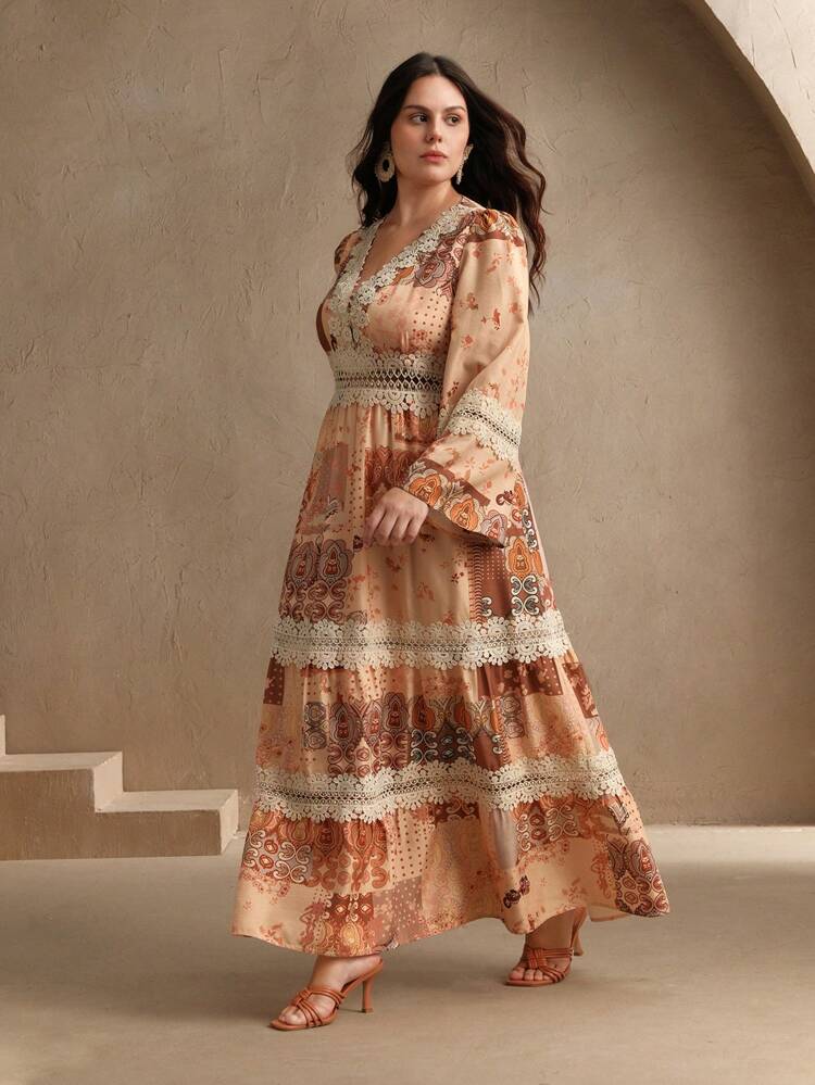 Elegant Vintage Floral Print Lace Patchwork Long Sleeve Dress, Suitable For Spring/Summer, Festival, Holiday, Easter, Beach