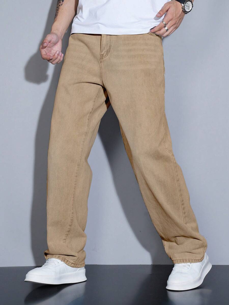 Manfinity Homme Men's Straight Relaxed Fit Multi-Pocket Casual Denim Jeans - Khaki - View 1