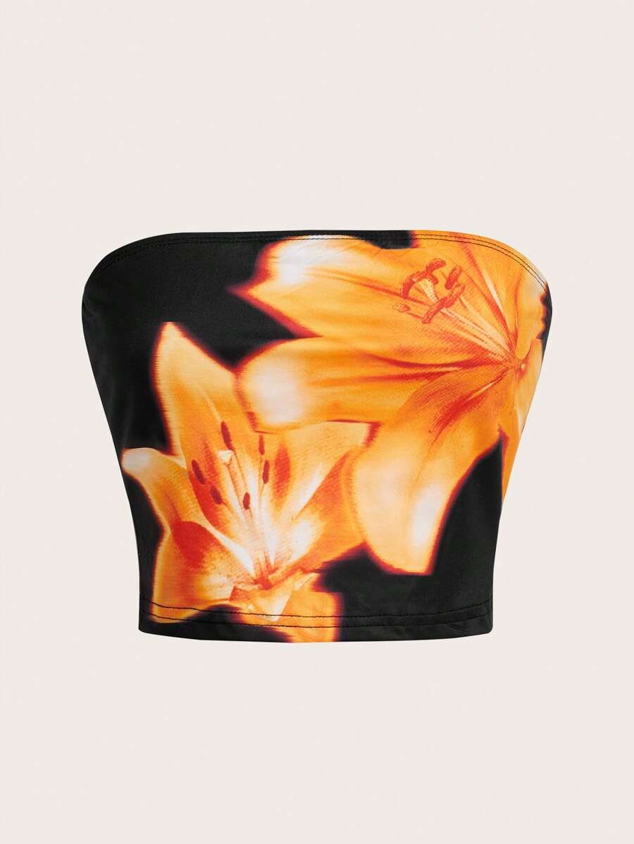 SHEIN ICON Floral Print Cropped Tube Top - Orange - View 1