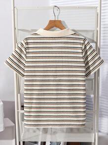 SHEIN LMoss Kids Camisa tipo polo de punto de manga corta con cuello de rayas, corte holgado para niños preadolescentes