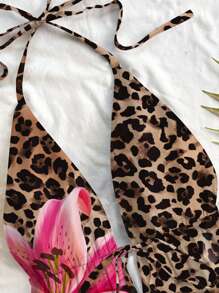 Soleia Damski swobodny top typu halter z wiązaniem na szyi i odkrytymi plecami, odpowiedni na lato, z nadrukiem w panterkę i kwiatowym wzorem