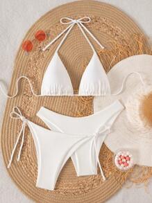 Swim Chiccia 3 件套女士纯色挂脖比基尼套装 - 白色 - 查看 1