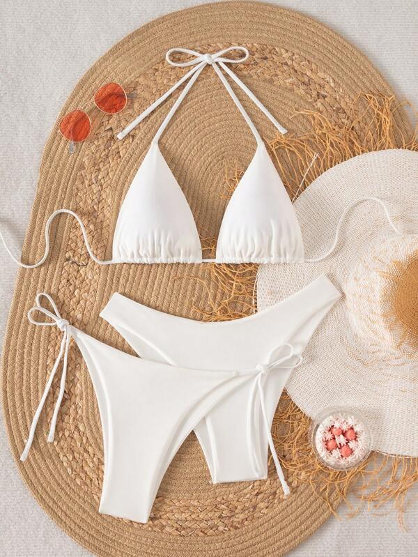 Swim Chiccia 3pcs/Set Women Solid Color Halter Neck Bikini Set For Summer Beach Vacation